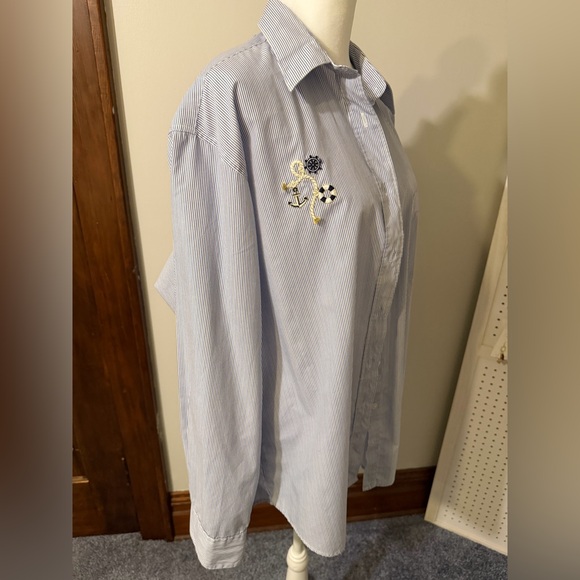 Blue Striped Button Down Shirt with Embroidery - Picture 3 of 5